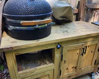 CERAMIC KAMADO EGG SMOKER GRILL WITH PRESSURE-TREATED WOOD STAND
