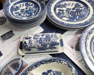 Blue Willow bowls, butter dish