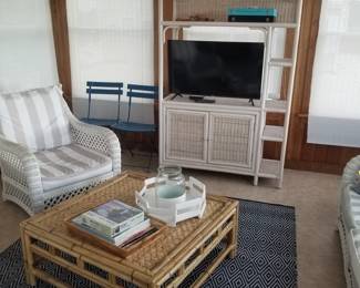 Wicker etagere; classic rattan coffee table; wonderful white wicker chair with cushion