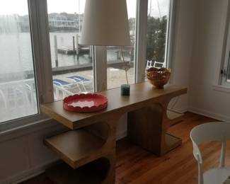 Dune 64" desk by Rowe with four shelves