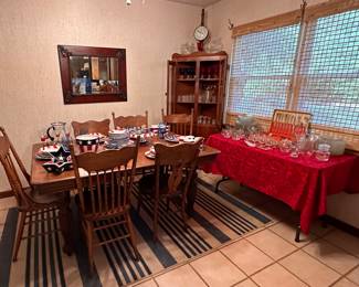 Dining Room: Antique table w/leaves and 6 chairs, mirror, antique corner hutch