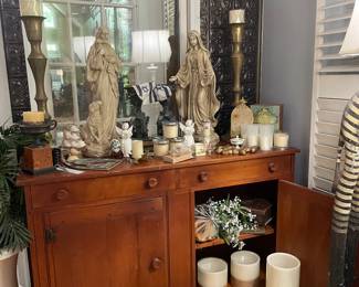 Vintage sideboard, chalkware statues, battery candles, two very large brass candle holders...