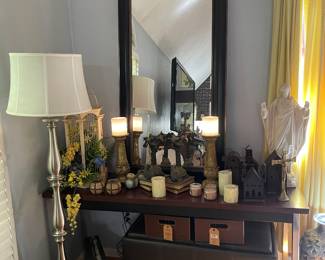Full length mirror, silver tone floor lamp(3) tin houses, gold lamps, leather look bench/storage.