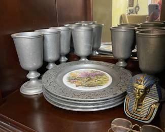 Currier and Ives pewter plates,  pewter goblets.