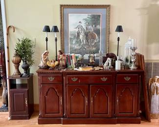 Broyhill buffet, vintage chalk nativity, buffet lamps (3), Wendell August forged cross, and more 