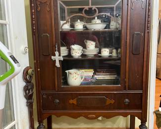 Antique china cabinet, vintage Hall's Superior Quality "Autumn Leaf" dishes, Coca Cola chest, carved walking stick