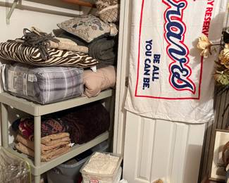 Vintage Braves beach towel, decorative pillows, blankets, throws, crates with fabric...