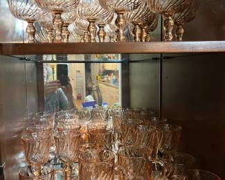 Vintage pink swirl plates and glasses from France