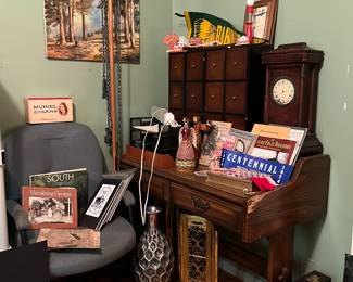 Office chair, desk, oil on canvas painting, battery clock, Jim Shore Angel, 3 drawer boxes full of DVD's