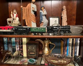 Willow Tree “The Christmas Story” figures.  Engine Tin Toy with wind-up key with 3 Marx Mar cars 