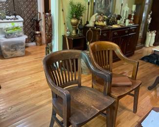 Vintage and heavy oak arm chairs, Broyhill buffet, tall walking stick, many great smalls.