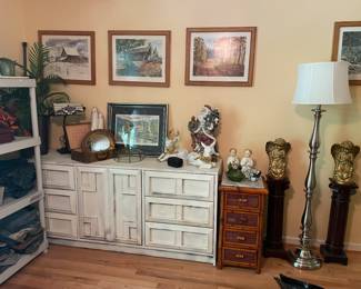 Mid century chest, John Kollock prints (more details coming), desk lamp, bamboo 4 drawer side table, angels on pedestals, silver tone floor lamp.