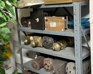 All shapes and sizes of lanterns, metal shelf for sale also!