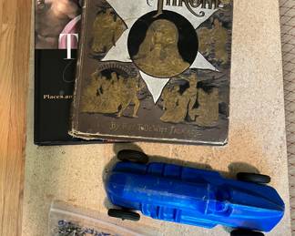 Vintage book "The Manger to Throne", 1960's toy race car, vintage jacks