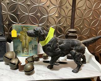 Cast iron hunt dog door stop, vintage sleigh bells