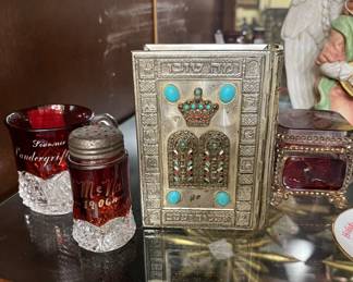 Ruby glass, vintage silver with turquoise Jewish Siddur Prayer book