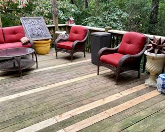 Great patio/porch furniture(outdoor wicker), large urn and 2 blue and white garden stools.
