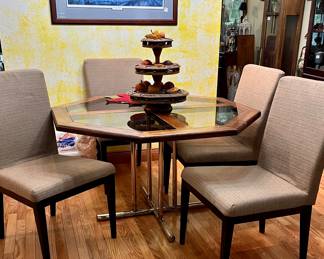 Midcentury modern glass, wood and brass table, 4 straight back chairs, Monkey Pod Wood, 3 tier server. 