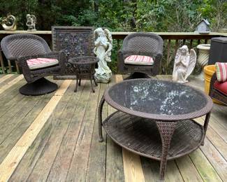 Out door wicker- 2 swivel chairs, large mirror top wicker table, large angels, tall urn...
