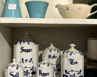 Antique Portelanul Romanian spice jars set of 5,  midcentury cream, sugar and gravy bowl on top shelf