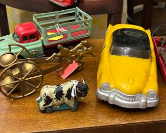 Tin Friction truck, Horse and rider bell toy, vintage Tin Litho Cow, vintage battery car