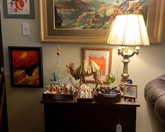Several nativity sets, large single Fontanini camel, various art works.