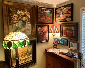 Original art from Betty McBurnett and a couple of original paintings by Matt Coburn, Tiffany style stained glass shade floor lamp.