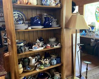 Large wooden shelf unit FULL of various pottery, ceramic, blue/white china.