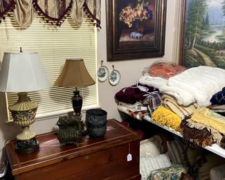 Beautiful cedar chest, lamps, comforters, blankets, pillows, fabric, sewing items, and MORE