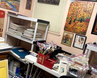 Brushes, paints, blank canvases, paper, and more artists materials.