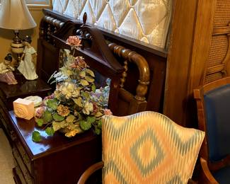 Queen size bed with headboard choices, side chairs, night stands.