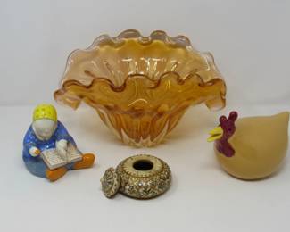 Hand blown Czech glass, French Hen, covered container (art piece), French child (art piece signed by artist)