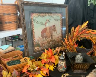 Fall foliage decor, framed tapestry of elephant, Longaberger baskets