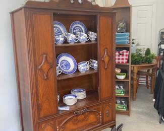Antique China hutch, blue willow dishes