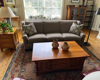 Lexington Arts & Crafts Collection coffee table with drawers 50" w x 30" d x 19" t; Smith Brothers of Berne sofa from Golden Fowler 8'