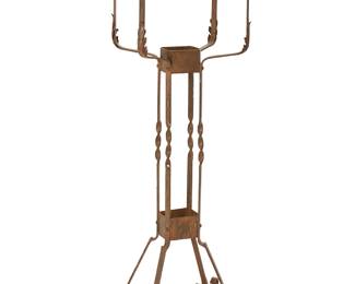 1014
Circa 1910s-20s
A Wrought Iron Fishbowl Stand
The painted iron stand with chevron trim, acanthus leaf accents, and twisted supports on scrolled feet
47.375" H x 15.5" W x 11.125" D
Estimate: $200 - $400