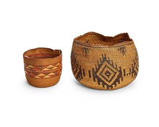 1017
Early/mid-20th century
Two West Coast Native American Baskets
Each basket with imbricated designs, including a large Northern California coast twined basket with a band of imbricated geometric motifs to center and smaller motifs near the rim (10" H x 14" Dia. approximately), and a polychrome Pacific Northwest Tlingit twined berry basket with three bands of imbricated geometric motifs (6.25" H x 8" Dia. approximately), 2 pieces
Estimate: $200 - $400