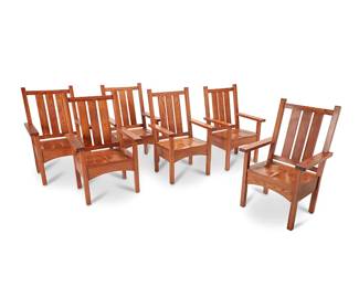 1020
Late 20th century
A Set Of Arts & Crafts-Style Oak Armchairs
Each oak slat back chair with three slats over a shaped seat atop four square legs and an arched apron with peg joints, 6 pieces
Each: 43.75" H x 27" W x 23.25" D
Estimate: $500 - $700