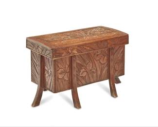 1023
Early 20th century
A Y. Hayashi For Liberty & Co. "Japonisme" Chest
With burn mark: Y. Hayashi / Nikko
The lidded wood chest with hand-carved iris flowers with elements of Arts & Crafts and Art Nouveau design, set upon six splayed legs
20" H x 30" W x 21" D
Estimate: $200 - $400