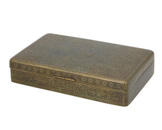 1025
Mid-20th century
A Brass And Niello Humidor Box
The rectangular brass box with engraved floral and niello inlay design with wood lined interior
1.25" H x 6.5" W x 4.25" D
Estimate: $200 - $400