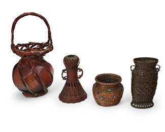 1027
Mid/late 20th century
A Group Of Japanese Baskets
Each appears unmarked
Four works comprising two woven metal baskets with metal alloy adornments including one woven with copper and brass metal strips and wire with silver-toned metal crabs (4.5 x 5.25" Dia.) and one tall vase-form footed basket with handles, flared top and brass-toned metal figures (8" H x 4.25" W x 3" D), together with two Japanese woven bamboo and rattan ikebana flower baskets, including a large globular handled basket with flanged rim (15.5" H x 8" Dia.), and a small flared foot basket with narrow neck and small handles (8" H x 5.25" Dia.), 4 pieces
Estimate: $900 - $1,200