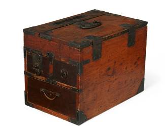 1038
Late Meiji Period 1863-1912
A Japanese Wood And Ironwork Merchant's Box
Appears unmarked
The handled, portable wood chest with a locking upper compartment and a depository slot surmounting three drawers, one with a locking mechanism; all with reinforced ironclad corners and hinges
8.5" H x 12" W x 7.75" D
Estimate: $200 - $300