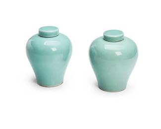 1042
20th century
A Pair Of Chinese Porcelain Ginger Jars
Each marked to the underside in blue underglaze bearing an apocryphal reign mark for Kangxi Period (1662-1722)
Each with an all-over robin's egg blue glaze, 2 pieces
Each: 7.5" H x 5" Dia.
Estimate: $300 - $500