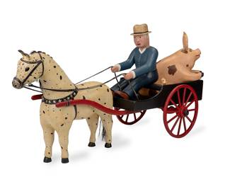 1061
John Cisney
b. 20th Century, American
An American Folk Art Horse And Buggy, 1986
Polychromed wood and animal hair
Signed and dated: Cisney 86
18" H x 35" W x 13" D
Estimate: $500 - $700