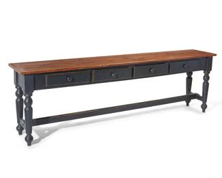 1062
Early/mid-20th century
A Farmhouse-Style Long Console Table
The forest green painted table with natural wood finish top and four drawers with carved wood knob pulls, raised on four turned wood legs joined by an H-stretcher
29.5" H x 93.75" W x 18" D
Estimate: $500 - $700