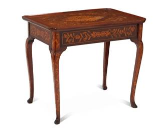1065
Early 20th century
A Queen Anne-Style Marquetry Occasional Table
Appears unmarked
The table with all-over floral and foliate marquetry, the top featuring a centered foliate medallion, raised on four cabriole legs
30" H x 33.5" W x 23" D
Estimate: $300 - $500