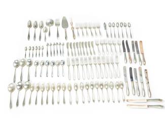 1075
Early/mid-20th century
A Reed & Barton Sterling Silver Flatware Service
Each marked for Reed & Barton and sterling
Comprising various serving and dinner utensils including 46 spoons, 32 forks, 22 knives, and 1 pie server, many monogrammed, 101 pieces

Largest: 9.125" L; smallest: 4.125" L
Weighable sterling: 87.26 oz. troy approximately
Estimate: $700 - $1,000