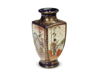 1088
20th century
A Japanese Four-Panel Porcelain Vase
Marked to the underside in red enamel with Kanji characters (possibly reading): Mt. Takao
The four-sided vase, each side featuring a figural landscape scene centering gilt meandering motif border and foliate motif highlights over a blue ground
9.75" H x 4.5" W x 4.5" D
Estimate: $500 - $700