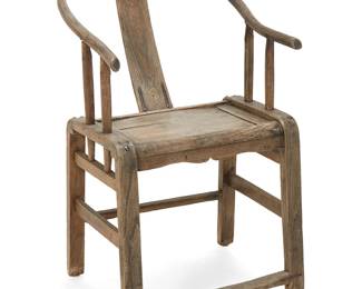 1100
Late 19th century
A Chinese Quanyi Chair
The wood chair with cast iron hardware, featuring a crest rail of a modified horseshoe shape surmounting a curved back splat and held on two pole supports to each side at the armrests, set into a rectangular seat and set upon four legs
36" H x 22.5" W x 25" D
Estimate: $200 - $400