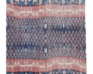 1104
Mid-20th century or earlier
An Indonesian Sumba Ikat Hinggi Textile
A polychrome woven cotton ikat "hinggi" or men's blanket, with bands of various stylized animal motifs including birds, dragons, and lions, woven in two panels and joined with red stitching along the vertical center, with knotted fringe at each end
95" H x 54" W
Estimate: $400 - $600